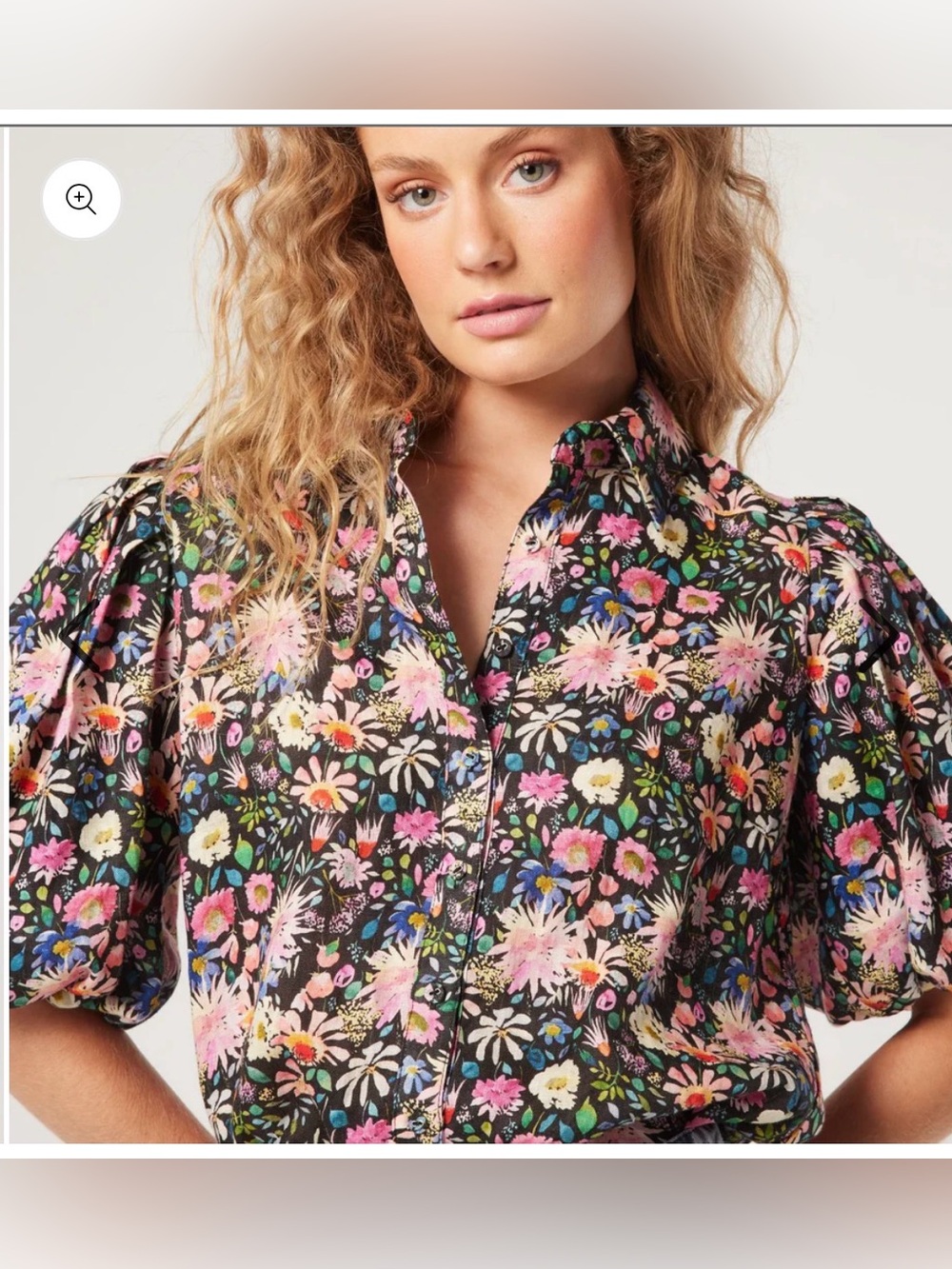 ELLIATT Cecilia Black Pink Floral Linen Puff Sleeve Button Up Top Cottage XS
